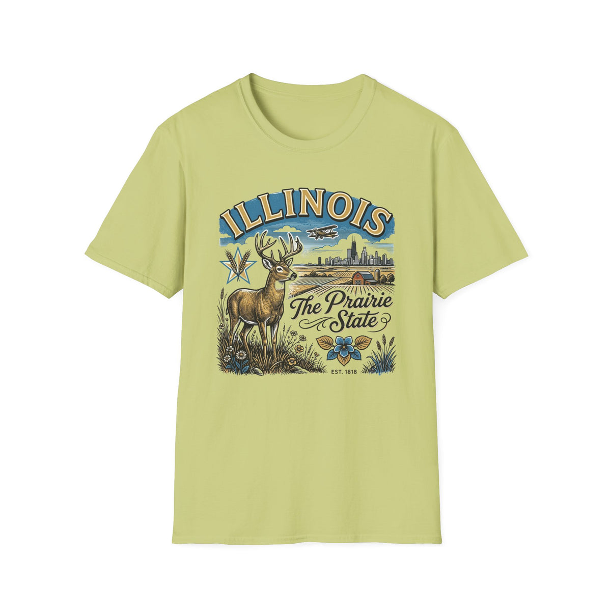 Illinois The Prairie State T-Shirt — Deer & Skyline Vintage Travel Tourist Graphic Tee Unisex 100 Cotton Gildan T-Shirt