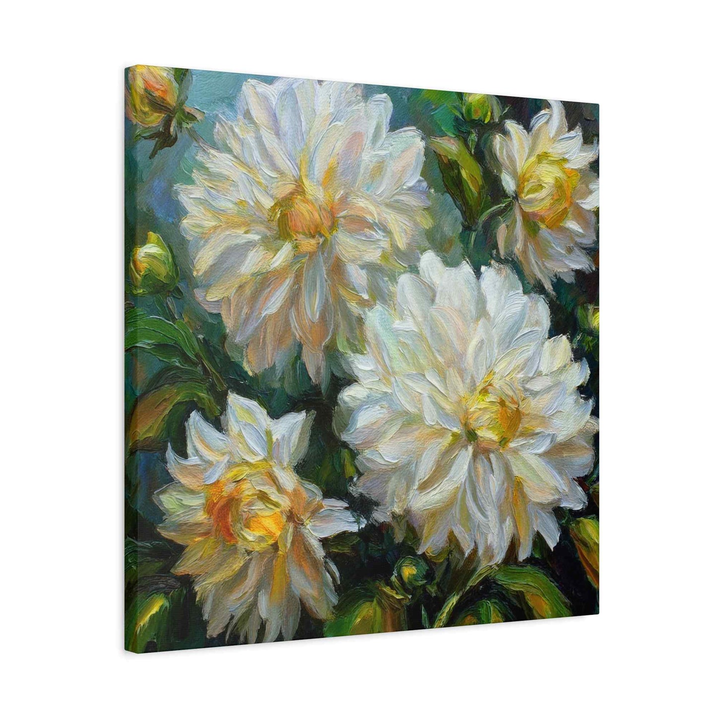 White Dahlias Print Canvas, Floral Oil Paint Print 20x20, 24x24, 30x30, 32x32, 36x36 Art Design Pine-Wood Inner Frame MC-169
