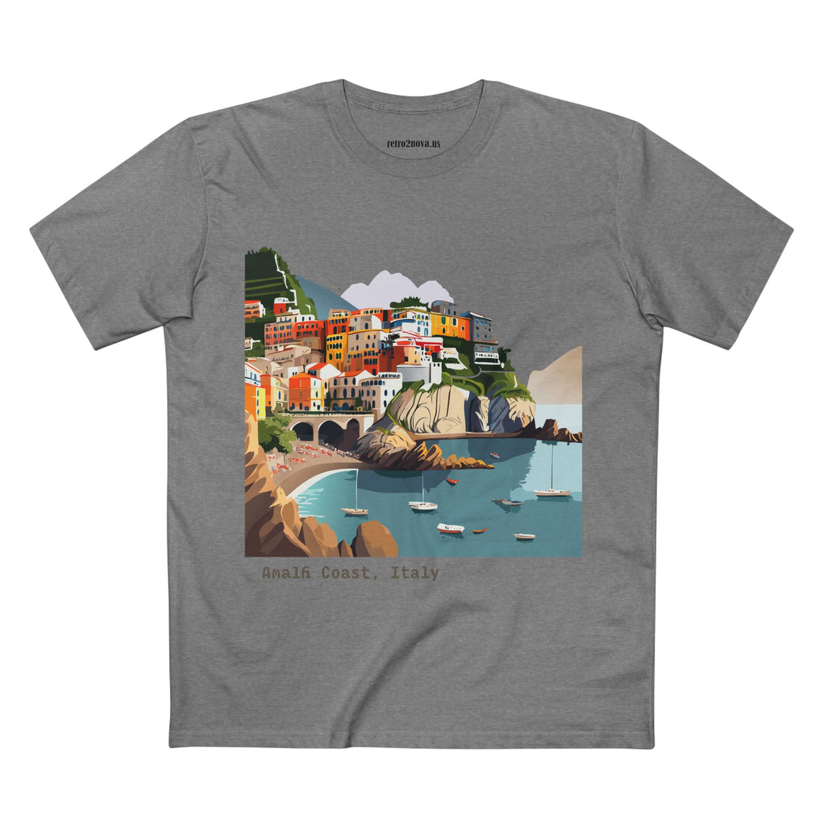 Amalfi Coast Italy illustration T-Shirt | Coastal village, sailboats, seaside print