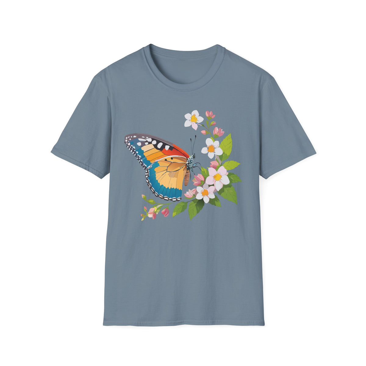 Butterfly Floral T-Shirt — Colorful Monarch with Blossoms Graphic Design Unisex 100 Cotton Gildan T-Shirt