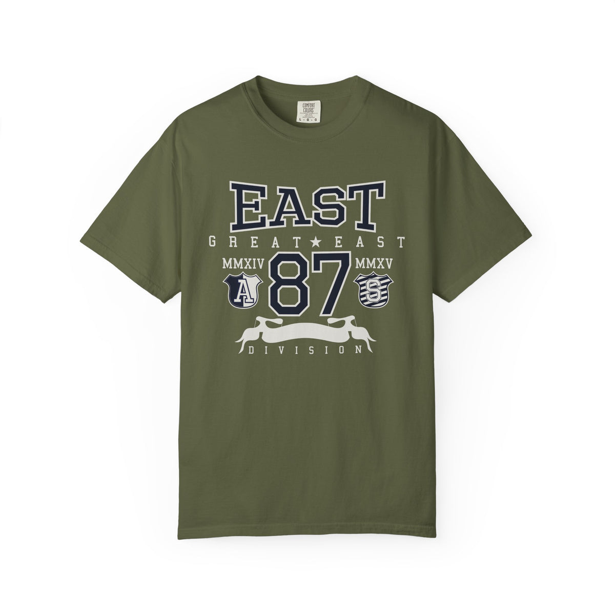 87-East-Varsity-College Graphic Unisex Comfort Colors Garment-Dyed Heavyweight 100 Cotton Art Design T-Shirt w17