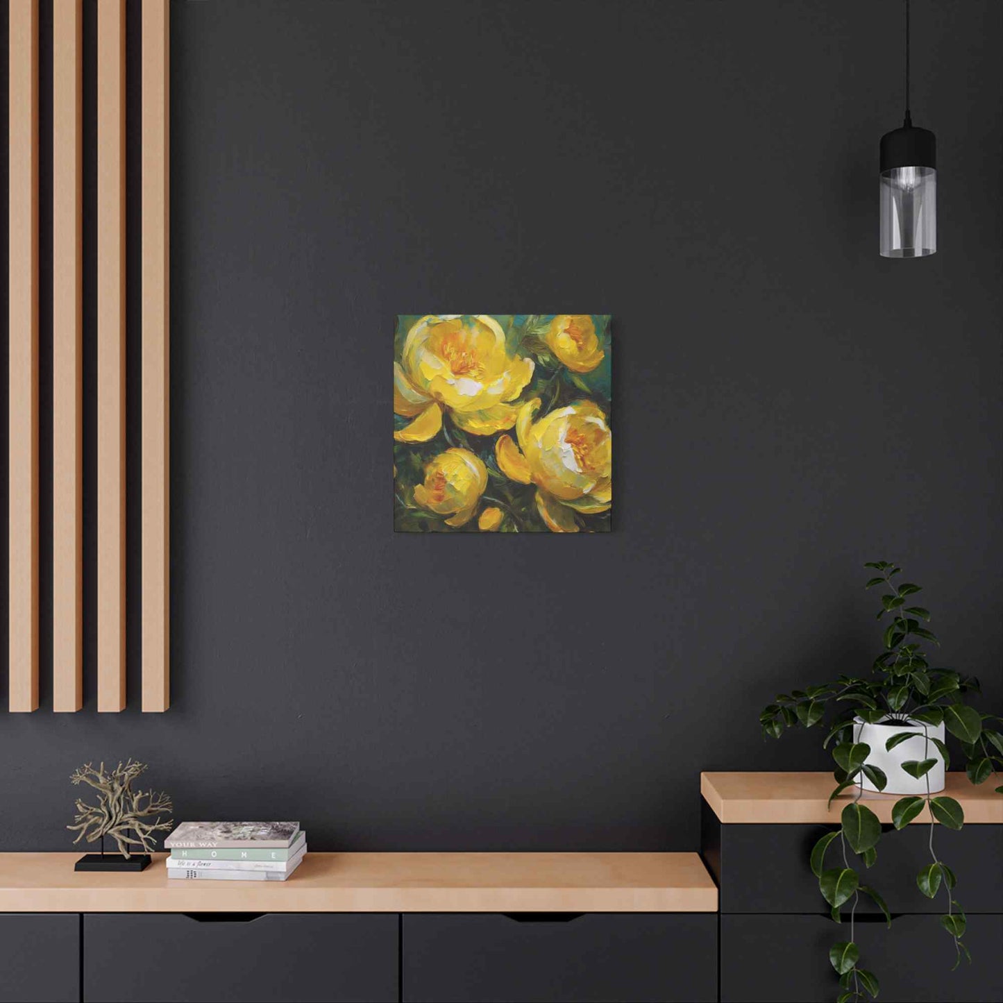 Yellow Peonies Print Canvas, Floral Oil Paint Print 20x20, 24x24, 30x30, 32x32, 36x36 Art Design Pine-Wood Inner Frame MC-122