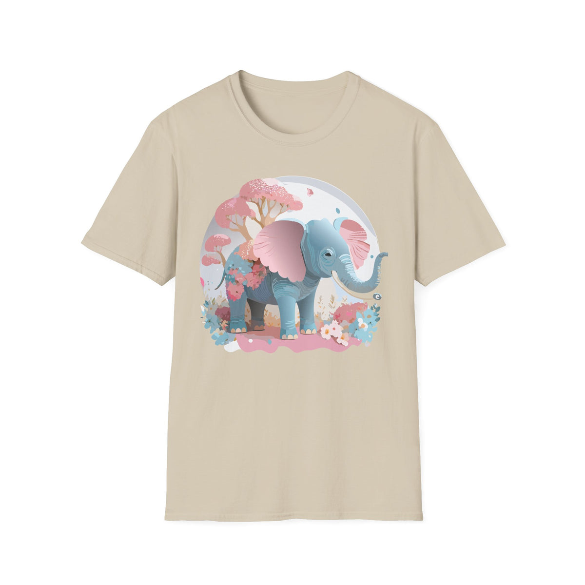 Pink Blue Elephant illustration T-Shirt | Cute Floral Baby Elephant Tee