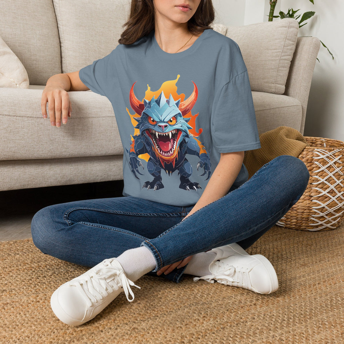 Monster Dragon T-Shirt — Fierce Fire-Breathing Creature Cartoon Graphic Tee Unisex 100 Cotton Gildan T-Shirt