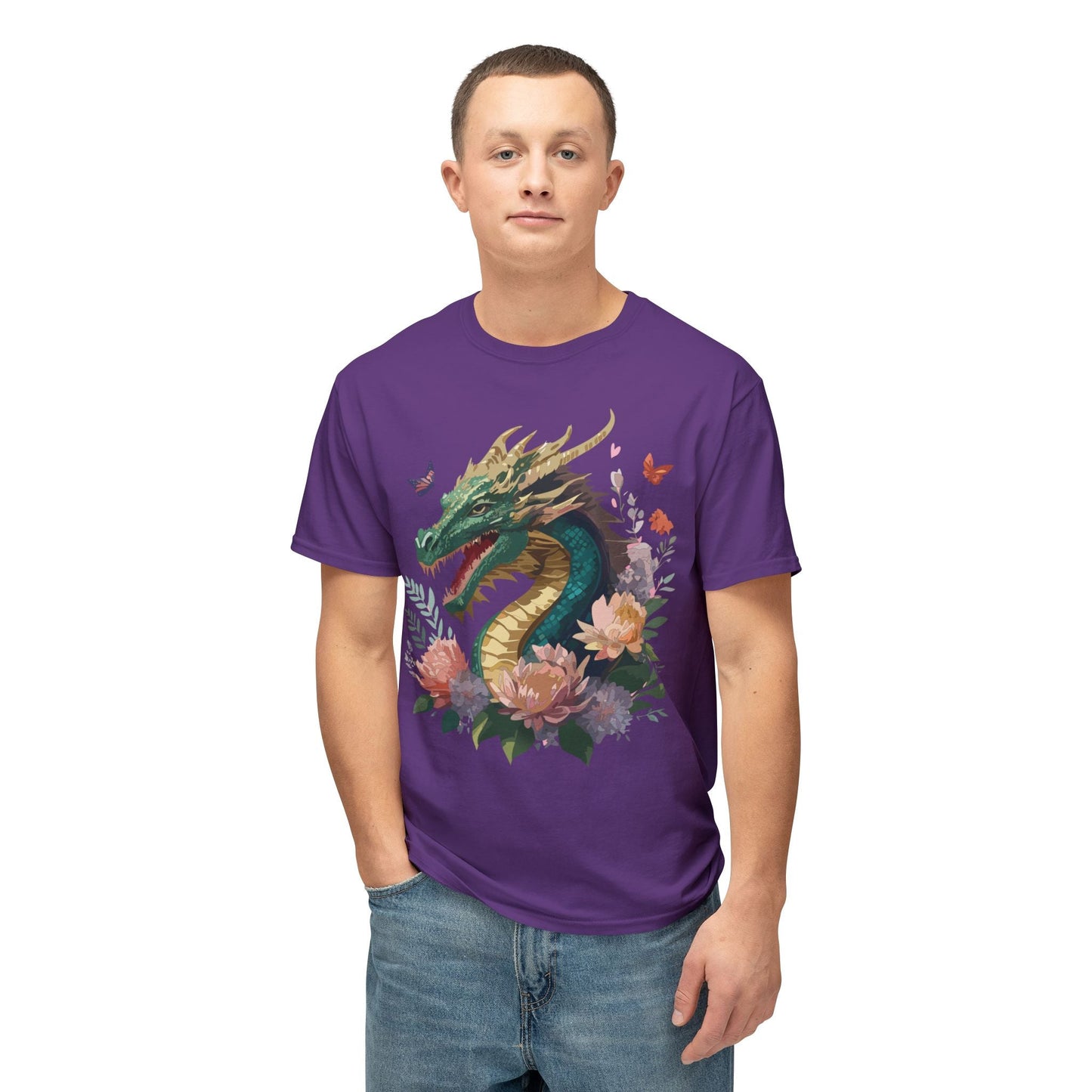 Dragon Art Design Unisex Cotton Tee With Floral Print Artwork And Dragon Graphic