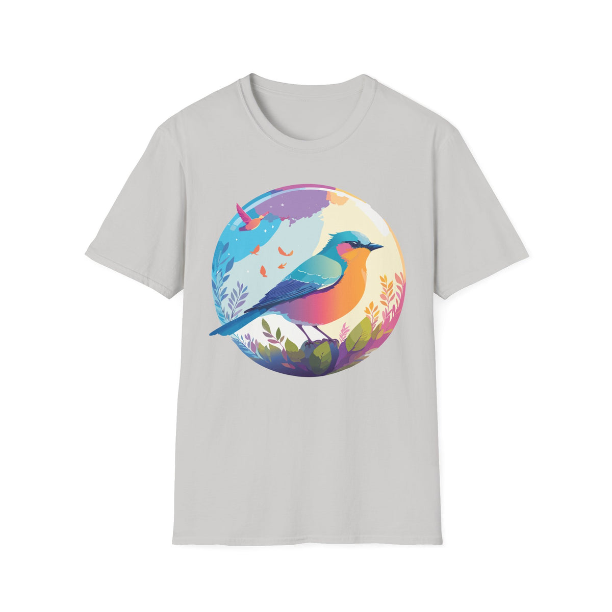 Colorful Bird Illustration T-Shirt | Rainbow Songbird Circle Art