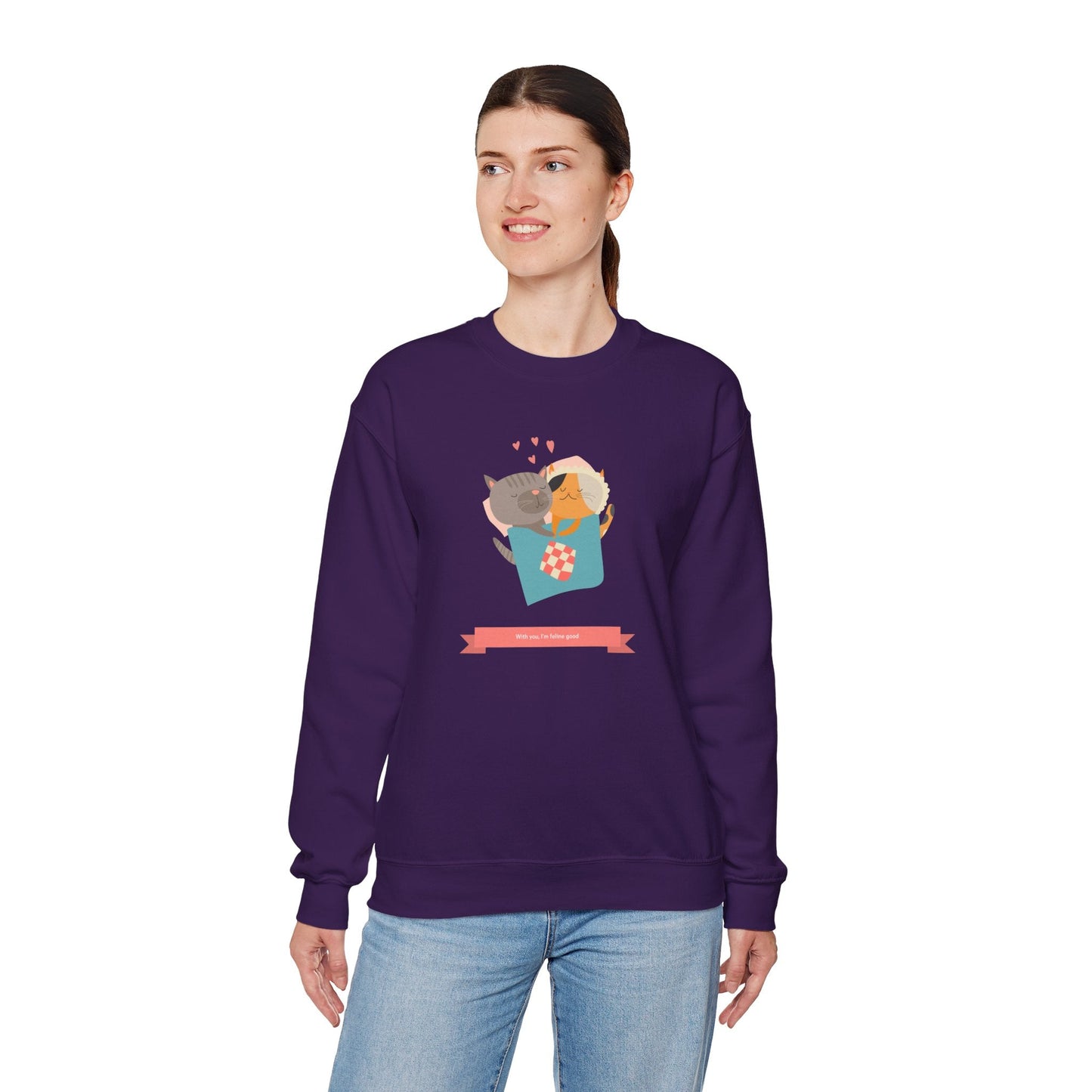 Cat Heart Sweatshirt Unisex Valentines Day 50 50 Cotton Poly Crewneck Gildan 18000