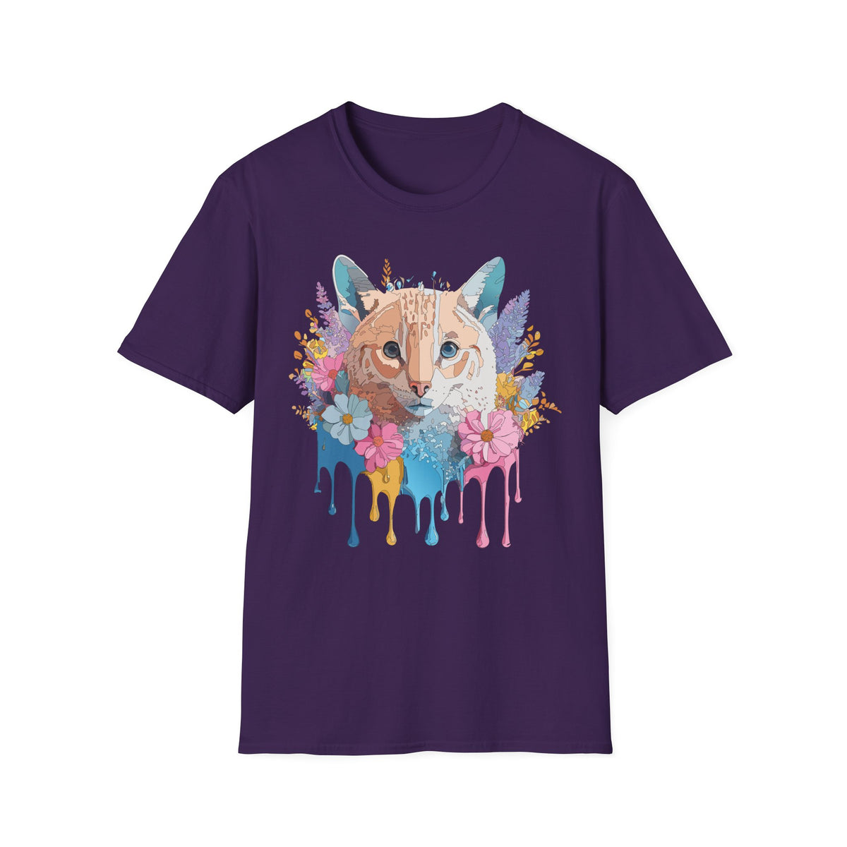 Watercolor Cat Face T-Shirt | Floral Drip Art, Colorful Kitty Tee