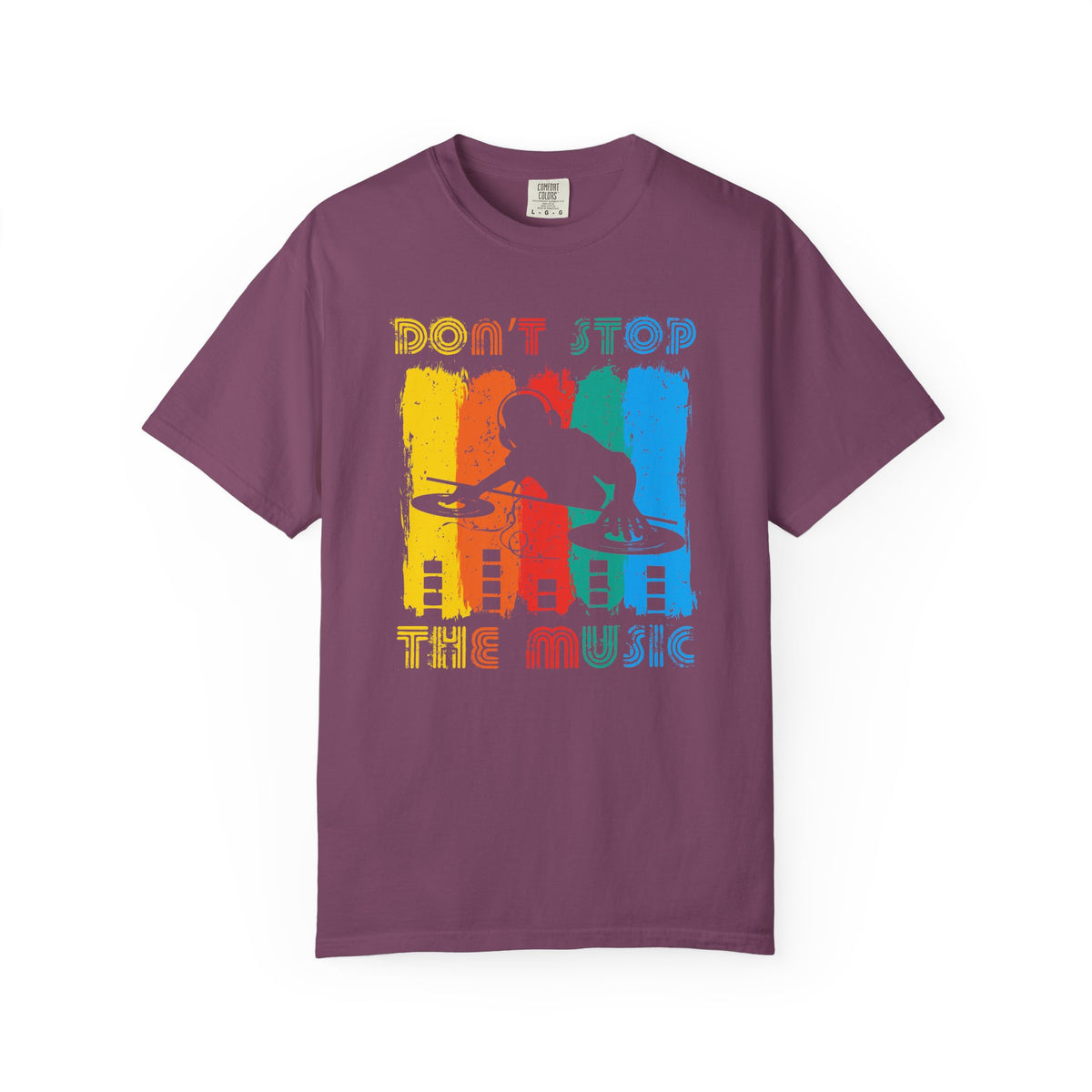 Don t Stop the Music DJ Silhouette T-Shirt Retro Rainbow Turntables Unisex Cotton Tee 014