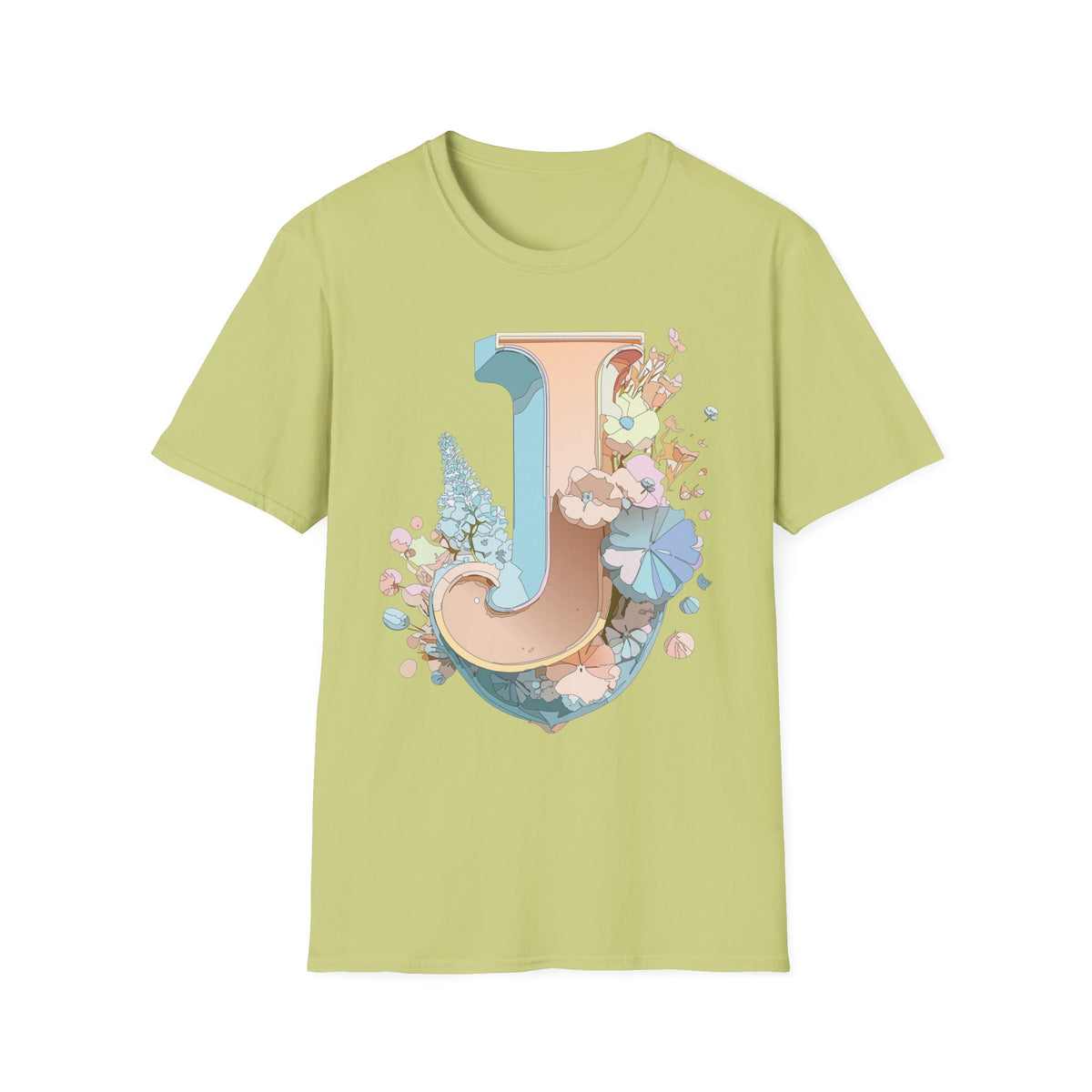 Floral Letter J T-Shirt | Monogram Initial Tee, Pastel Botanical Typography