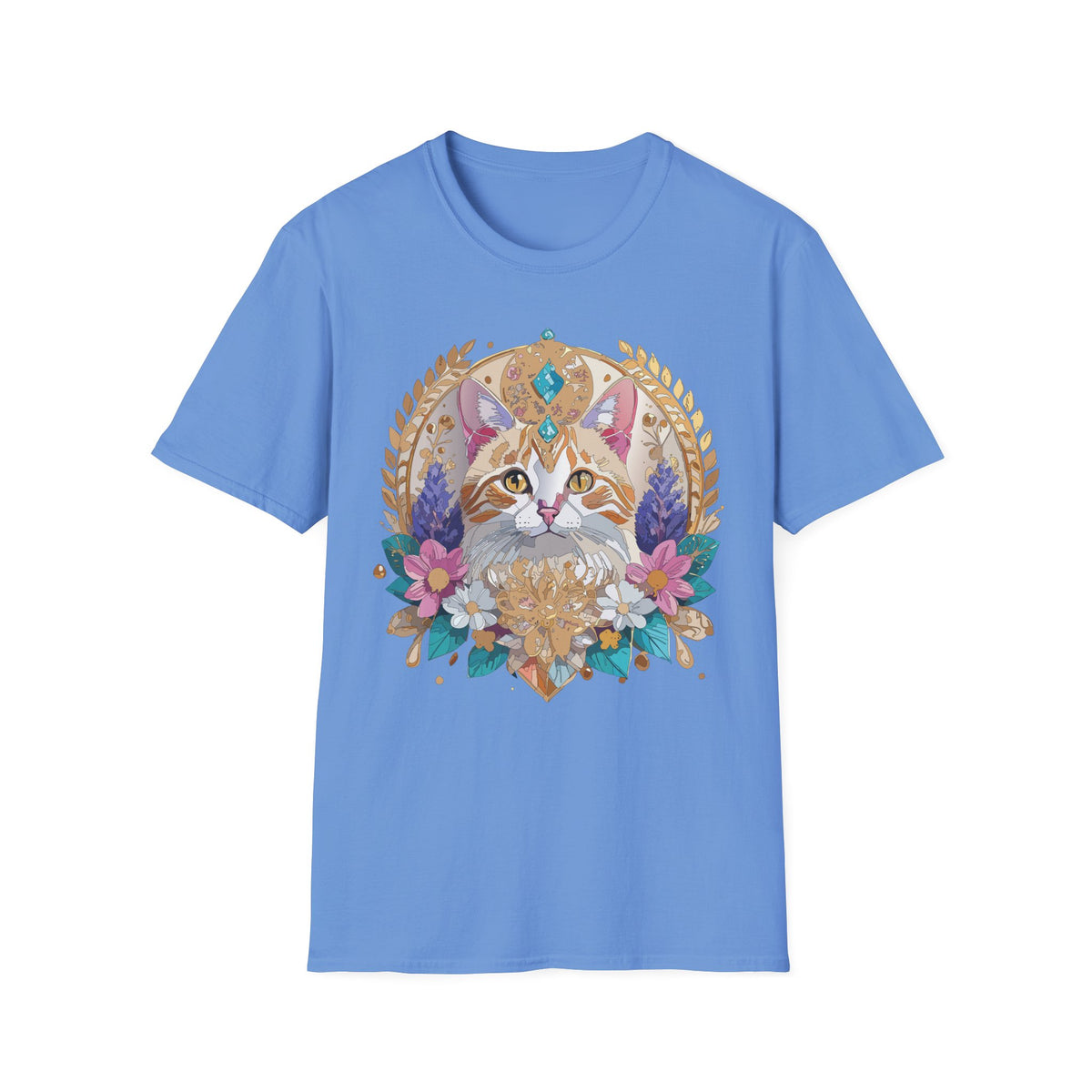 Regal Cat Mandala T-Shirt | Boho Kitty Illustration, Floral Crescent