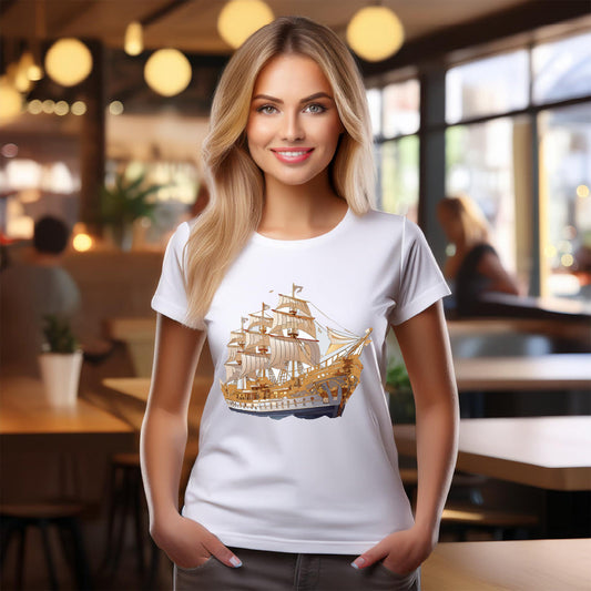 Ship Graphic Unisex 100 Cotton T-Shirt with Gold Frigate Art Design 9