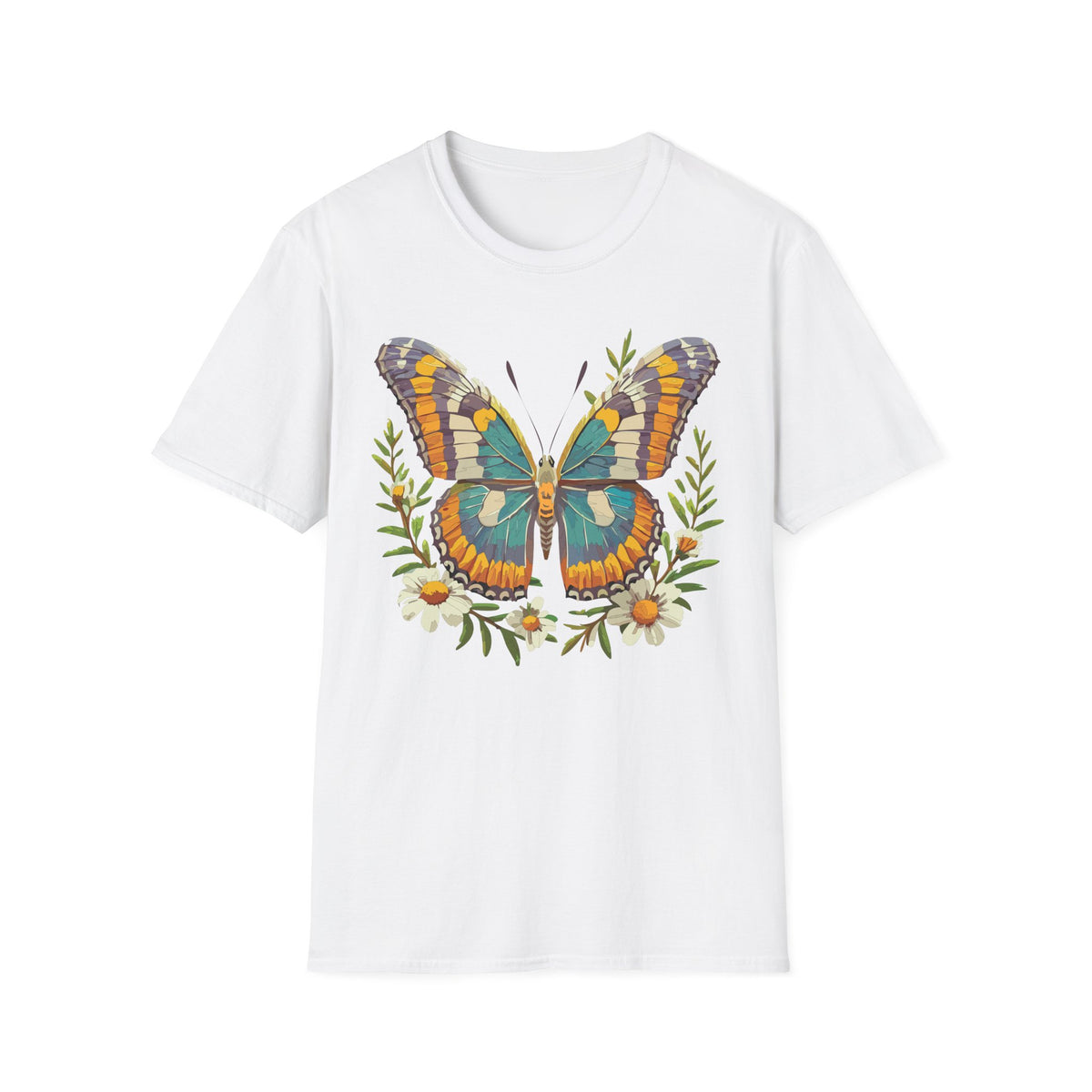 Teal Orange Butterfly T-Shirt | Floral Butterfly Illustration Graphic Tee Unisex 100 Cotton Gildan T-Shirt