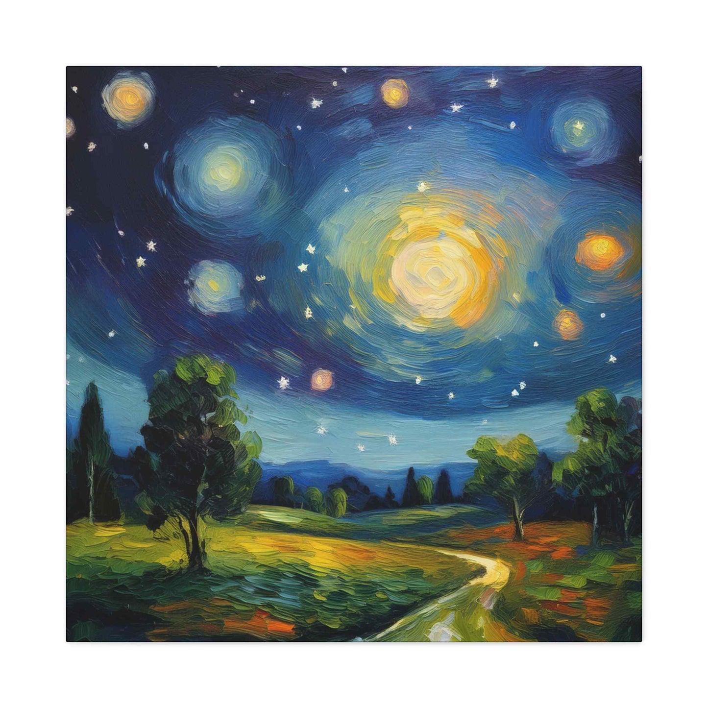 Starry Night Print Canvas, Oil Paint Print 20x20, 24x24, 30x30, 32x32, 36x36 Art Design Print Pine-Wood Inner Frame MC-40