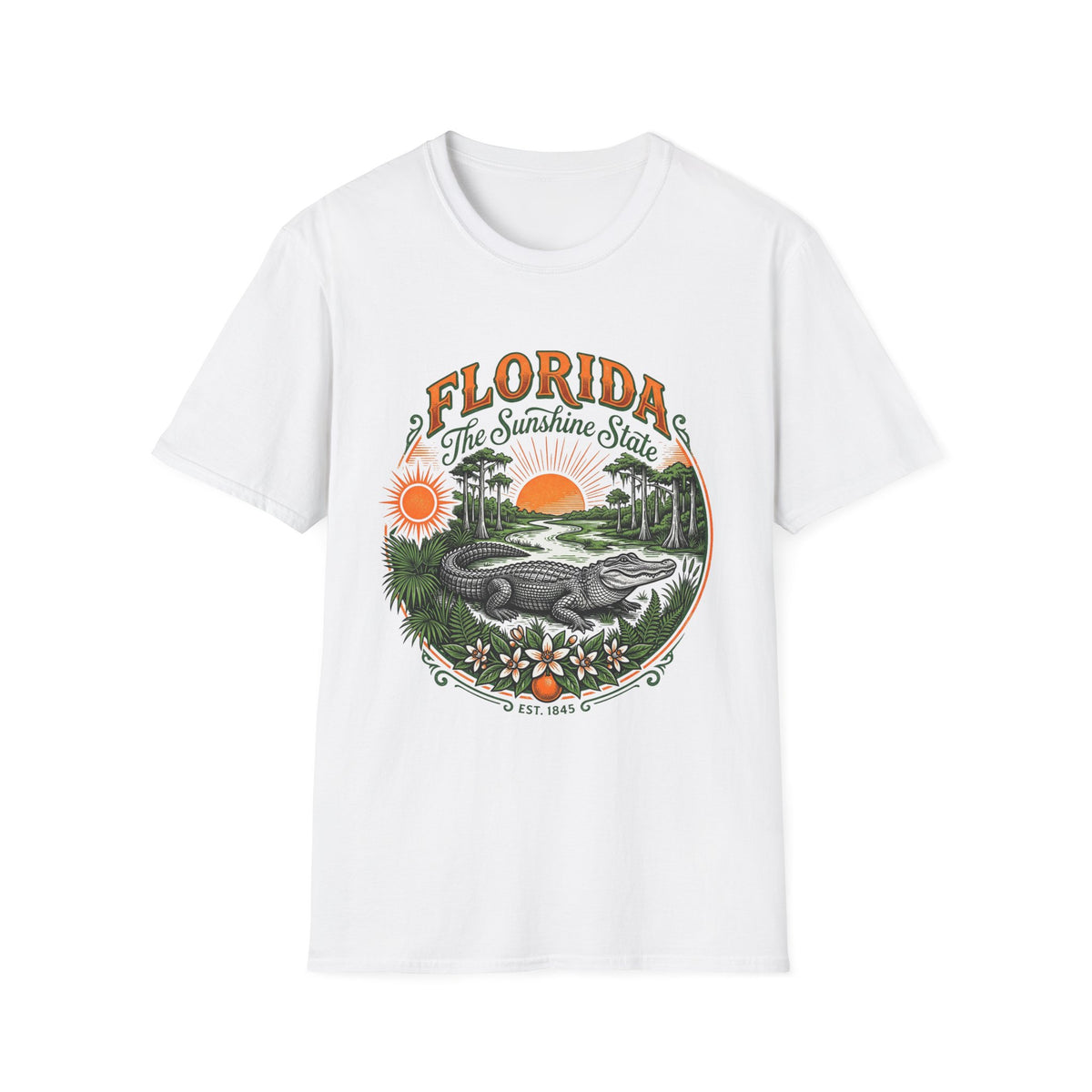 Florida The Sunshine State T-Shirt — Vintage Alligator Sunset Travel Tourist Graphic Design Unisex 100 Cotton Gildan T-Shirt