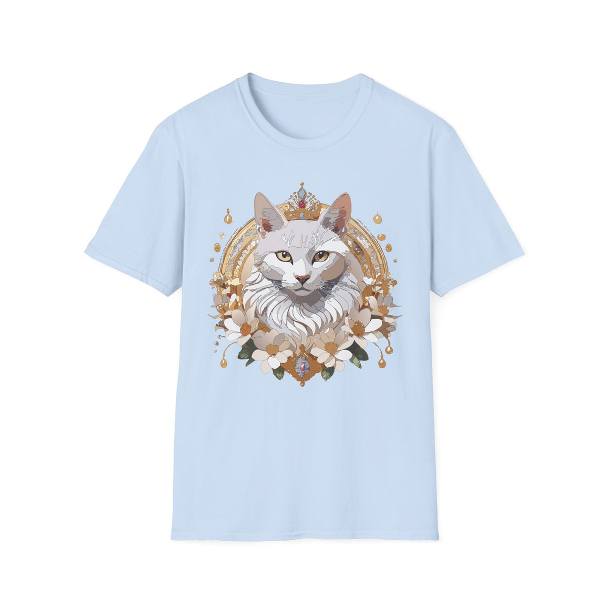 Regal White Cat Illustration T-Shirt | Crowned Feline Art