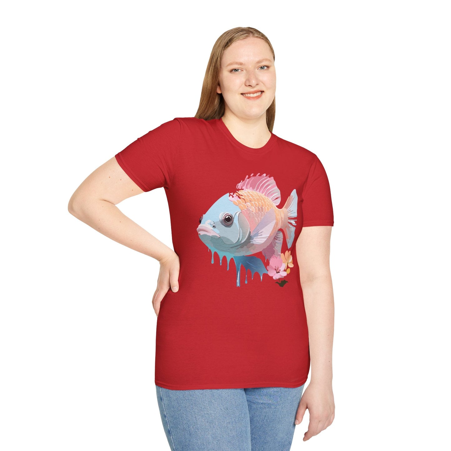 Fish Art Design Shirt Unisex Graphic Tee 100 Percent Ring Spun Cotton Softstyle Gildan 64000