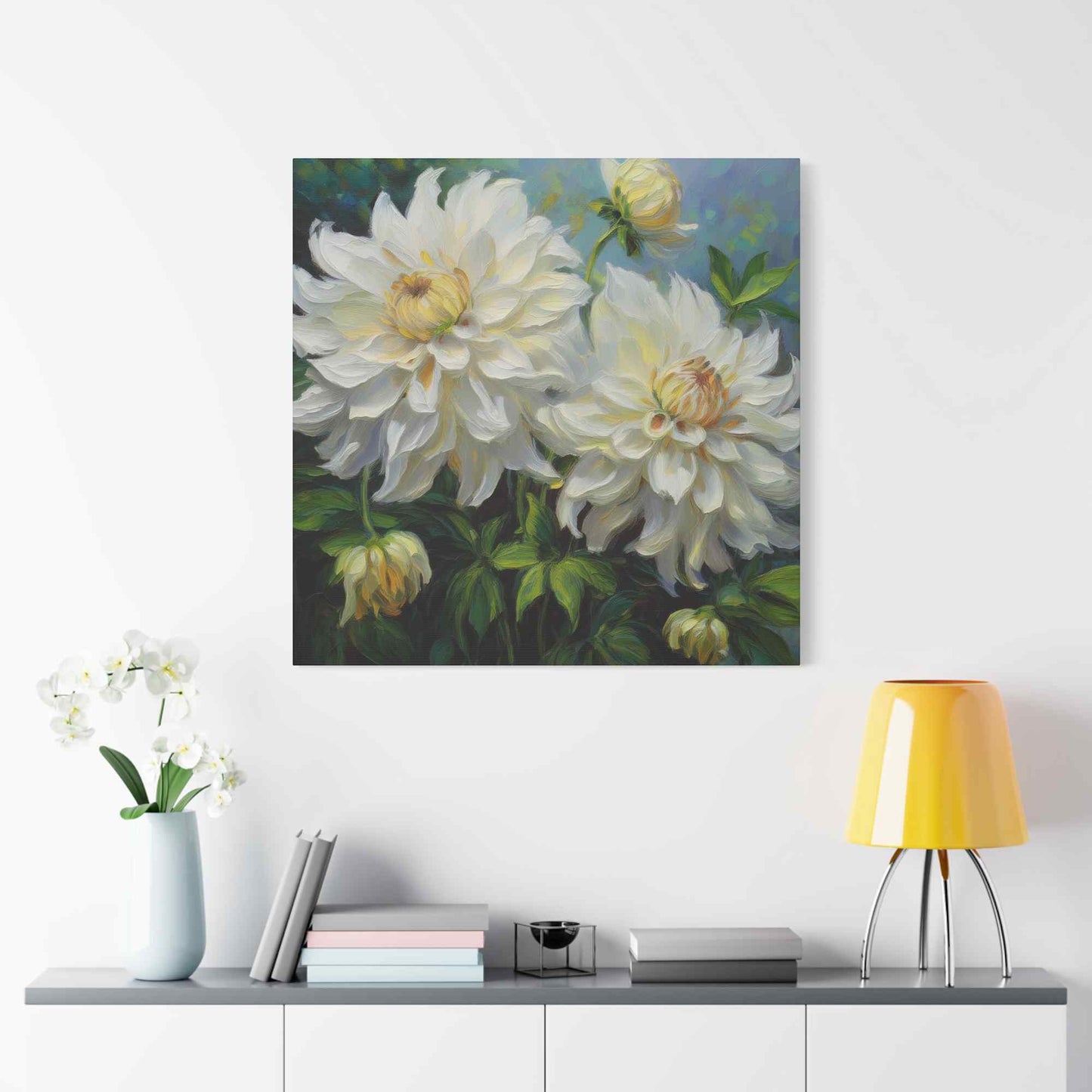 White Dahlias Print Canvas, Floral Oil Paint Print 20x20, 24x24, 30x30, 32x32, 36x36 Art Design Pine-Wood Inner Frame MC-170