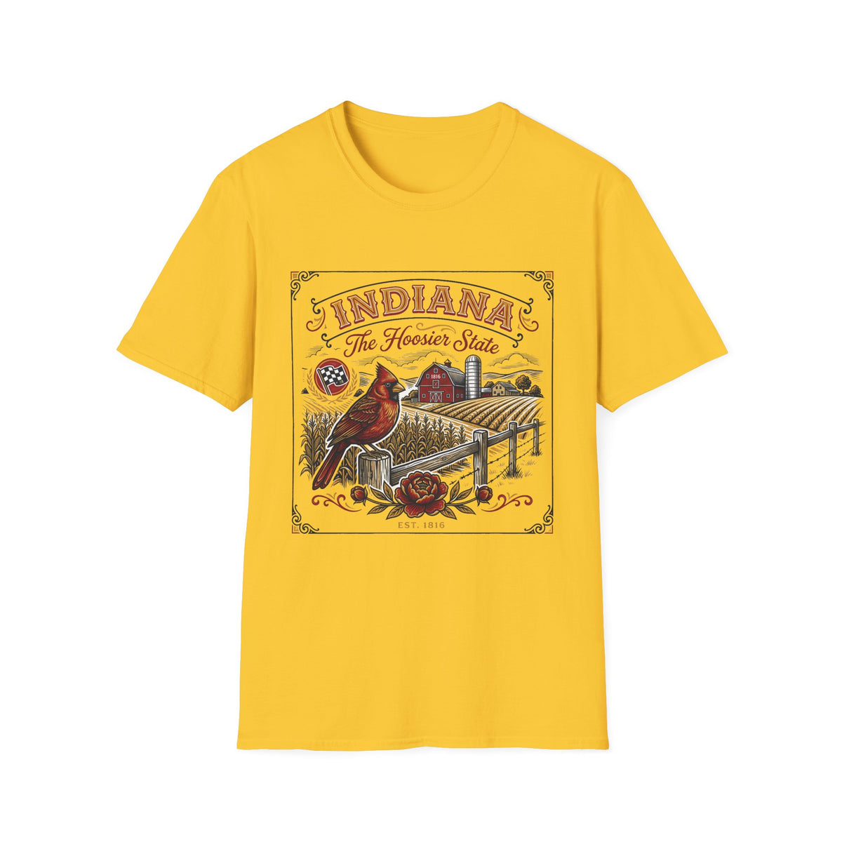 Indiana The Hoosier State T-Shirt — Cardinal Bird Farm Vintage Travel Tourist Graphic Design Unisex 100 Cotton Gildan T-Shirt