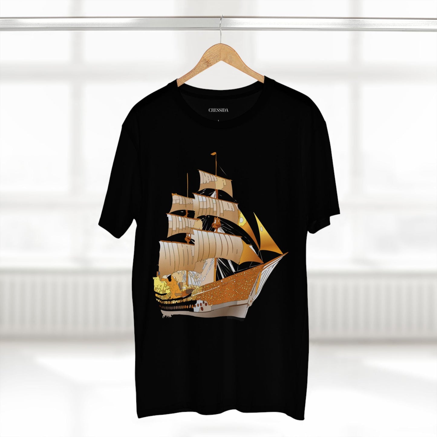 Ship Graphic Unisex 100 Cotton T-Shirt with Gold Frigate Art Design 24