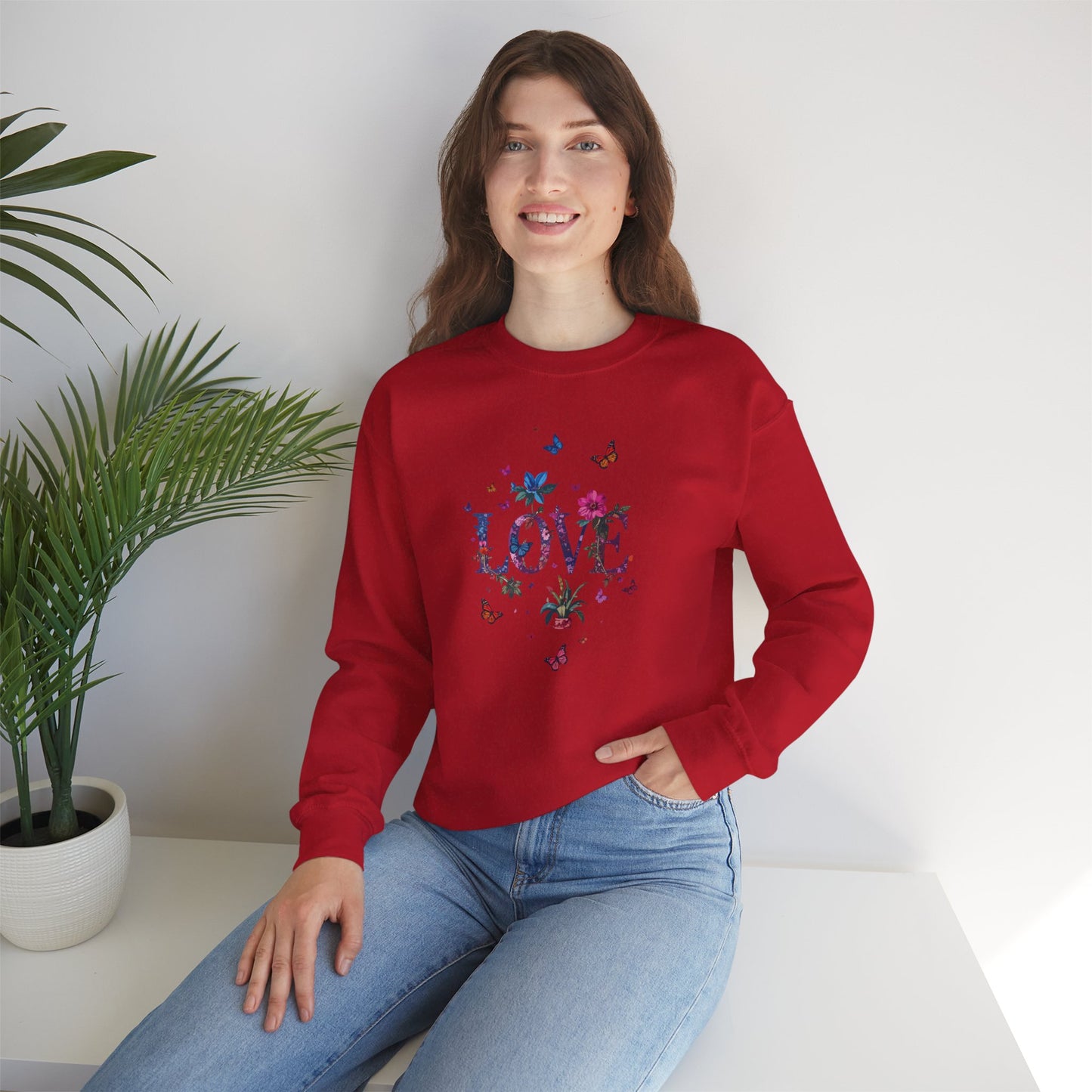 Unisex Floral Love Sweatshirt, Love Floral Sweatshirt, Floral Butterfly Sweatshirt, 50/50 Cotton-Poly Valentine's Day Sweatshirt 03