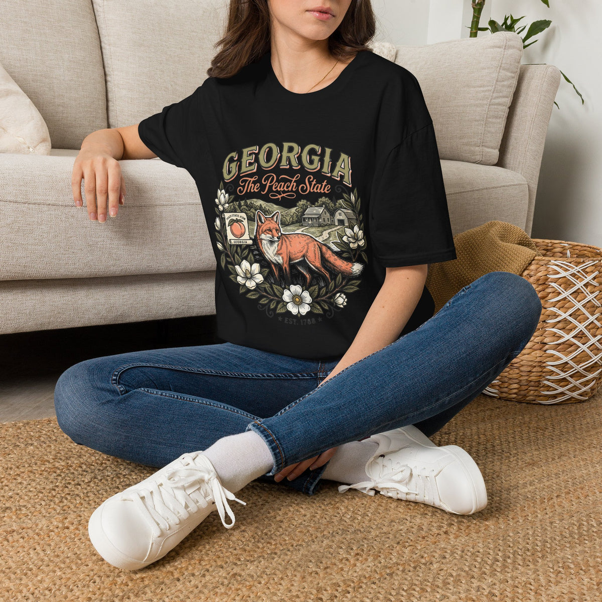 Georgia Fox T-Shirt — The Peach State Vintage Nature Travel Tourist Graphic Design Unisex 100 Cotton Gildan T-Shirt