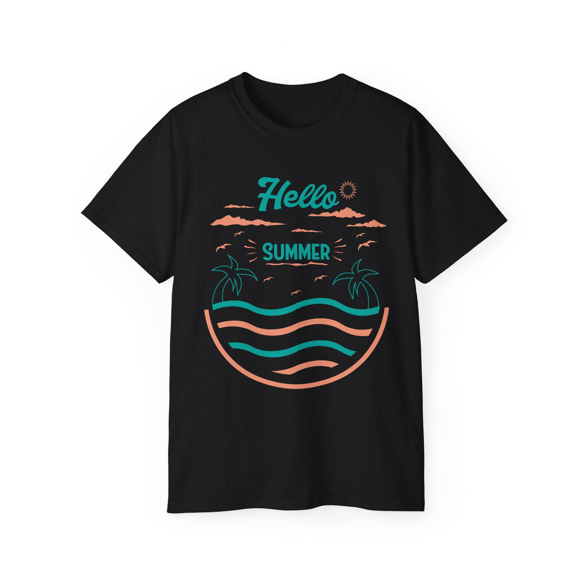 Hello Summer Beach Waves T-Shirt | Palm Tree Sunset Tee