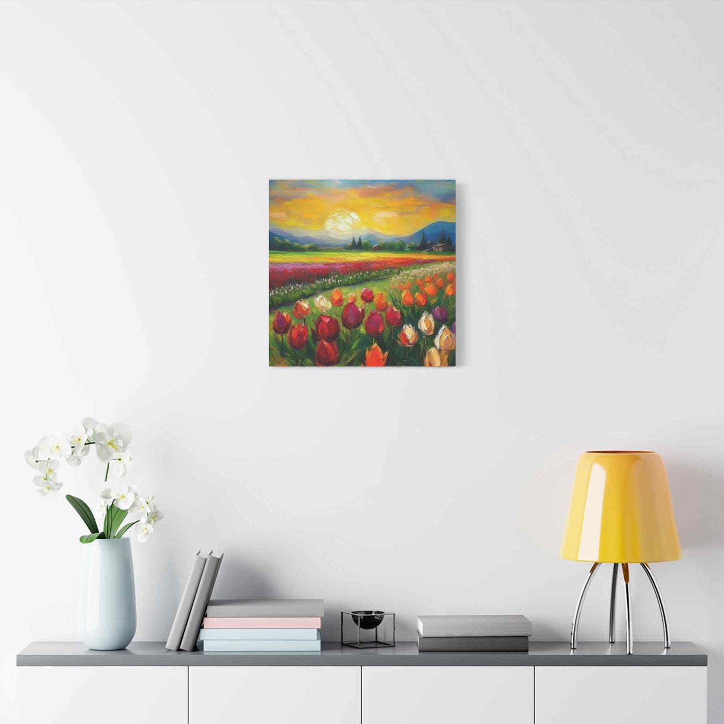 Tulips Fields Print Canvas, Floral Oil Paint Print 20x20, 24x24, 30x30, 32x32, 36x36 Art Design Pine-Wood Inner Frame MC-149