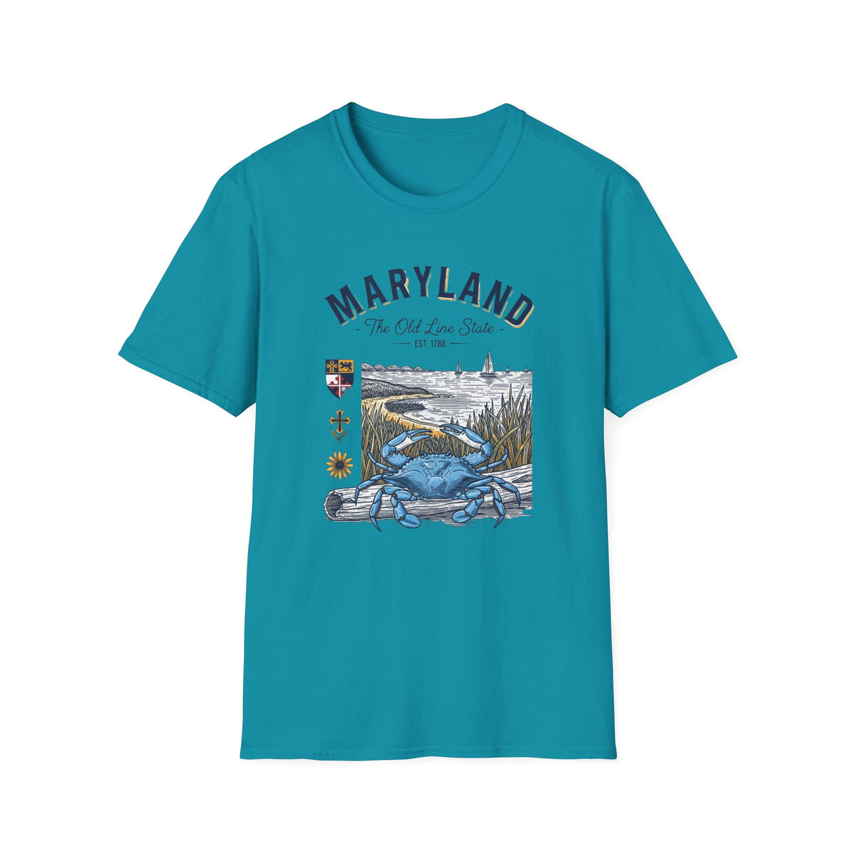 Maryland Blue Crab Scenic T-Shirt — The Old Line State Coastal Design Travel Tourist Graphic Design Unisex 100 Cotton Gildan T-Shirt