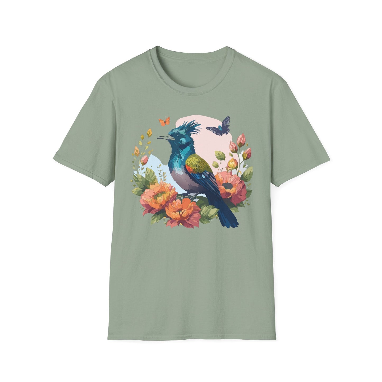 Floral Bird T Shirt Unisex Tee 100 Percent Ring Spun Cotton Softstyle Gildan 64000 Comfort Fit