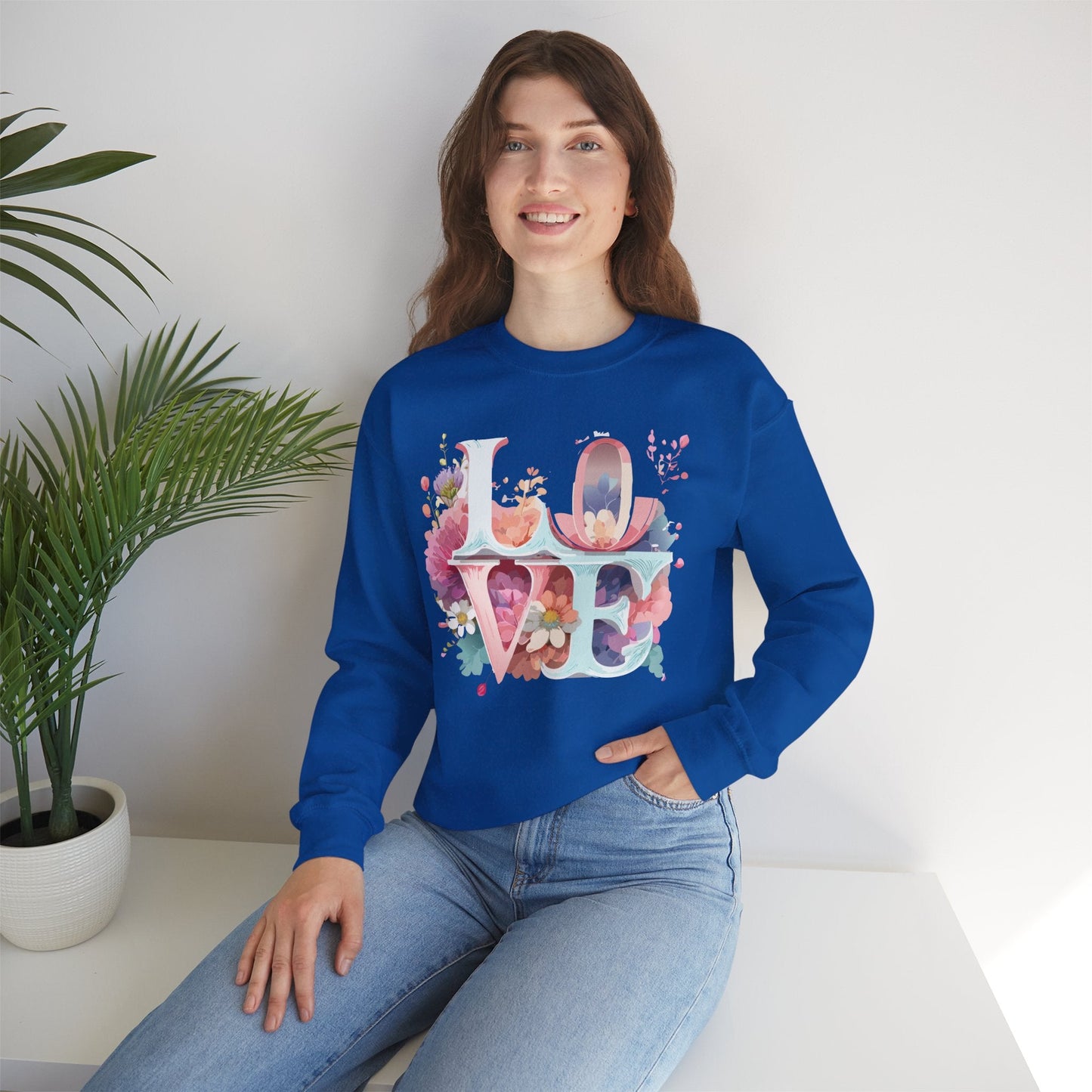 Floral Love Sweatshirt Valentines Day Flower Print Unisex Crewneck Heavy Blend Cotton Polyester