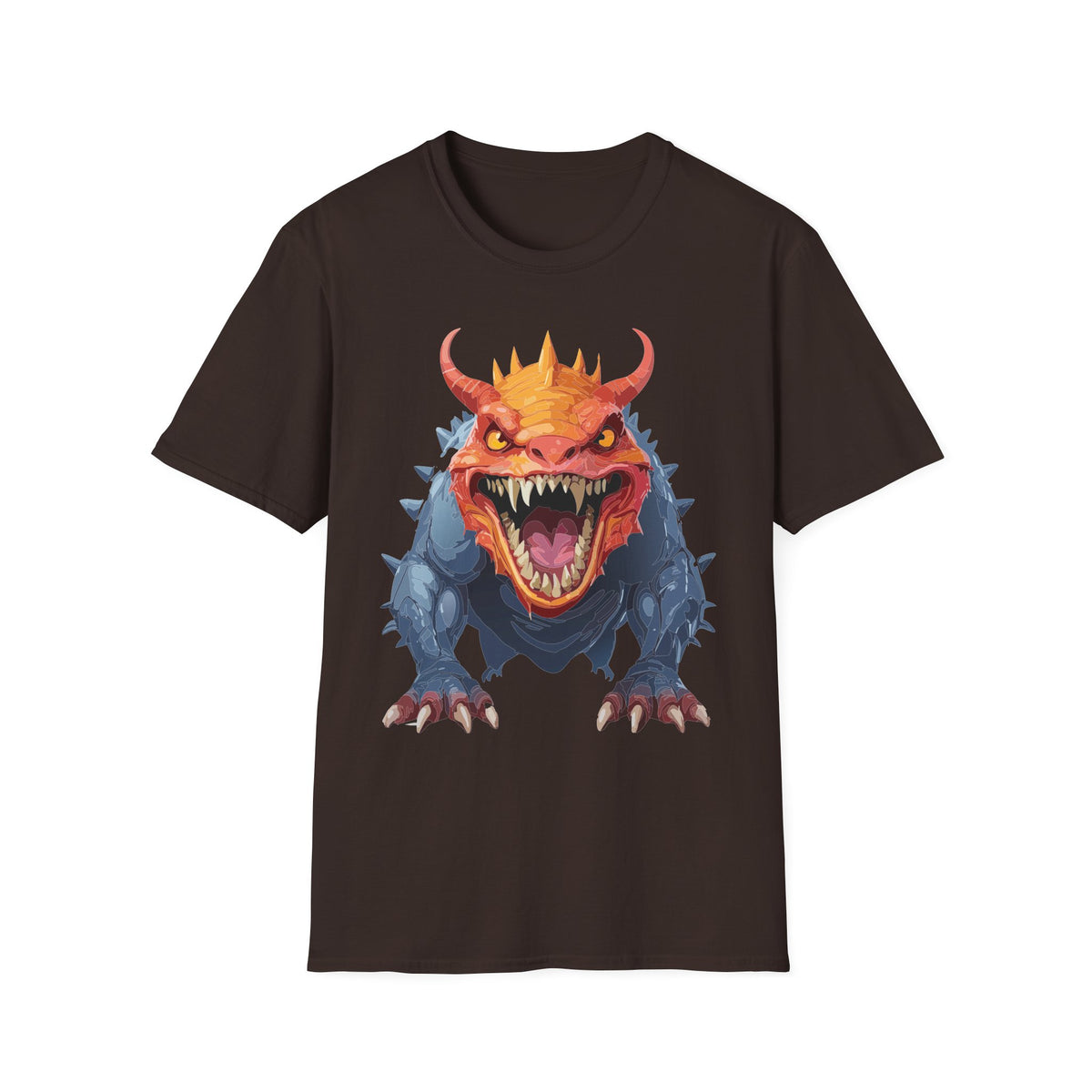 Dragon Monster T-Shirt — Fierce Orange & Blue Fantasy Creature Cartoon Graphic Tee Unisex 100 Cotton Gildan T-Shirt