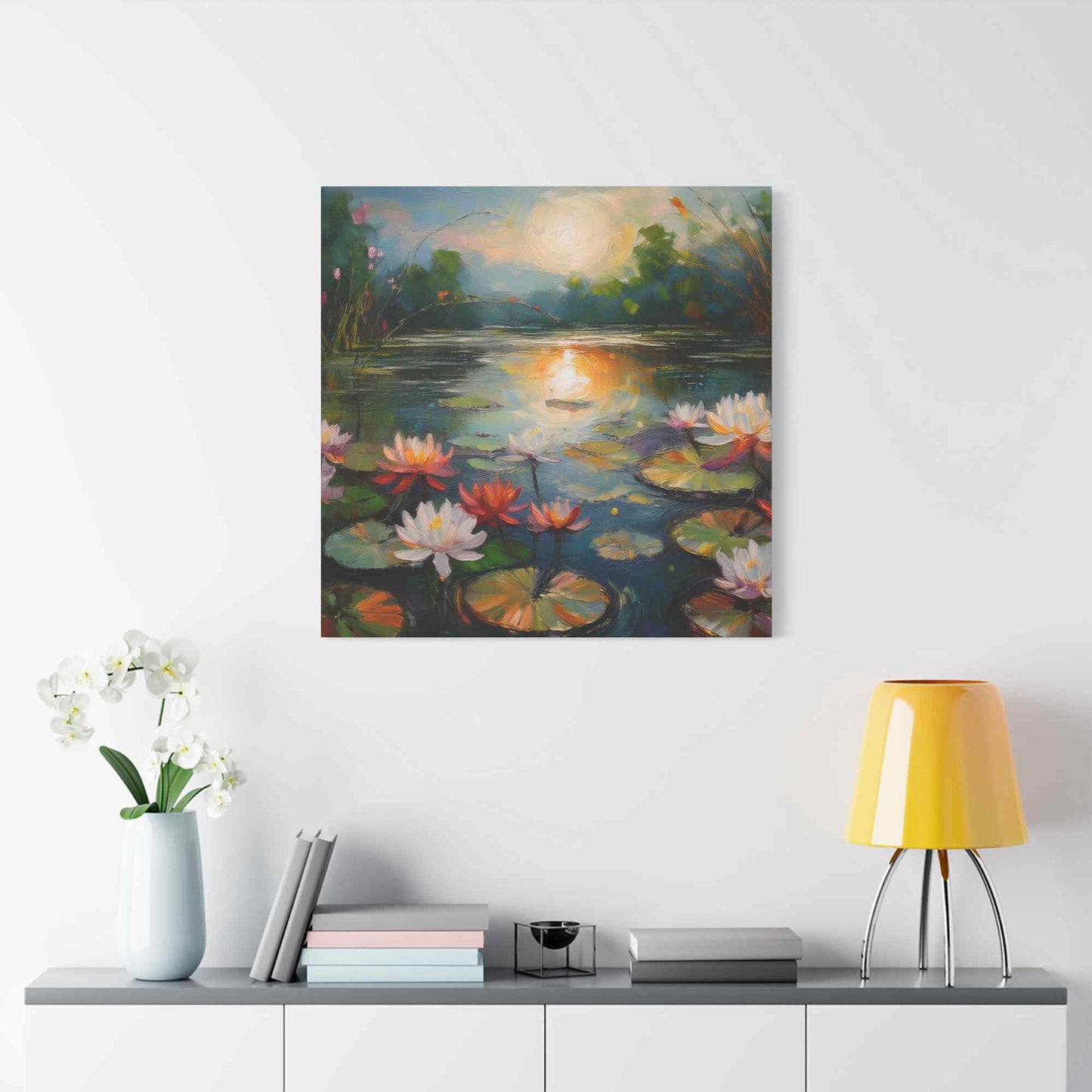 Water Lilies Print Canvas, Oil Paint Print 20x20, 24x24, 30x30, 32x32, 36x36 Floral Art Print Pine-Wood Inner Frame MC-66