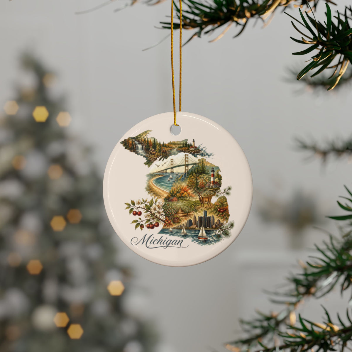 Michigan State Map Illustration Ceramic Ornament | Round Two-Sided Hanging - 2.99" Includes Gold String