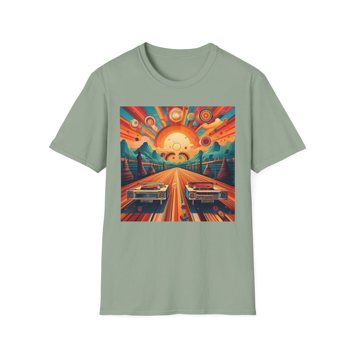 Retro Sunburst Road Trip Graphic Posters, Post Stamps Design Unisex 100 Cotton Gildan T-Shirt