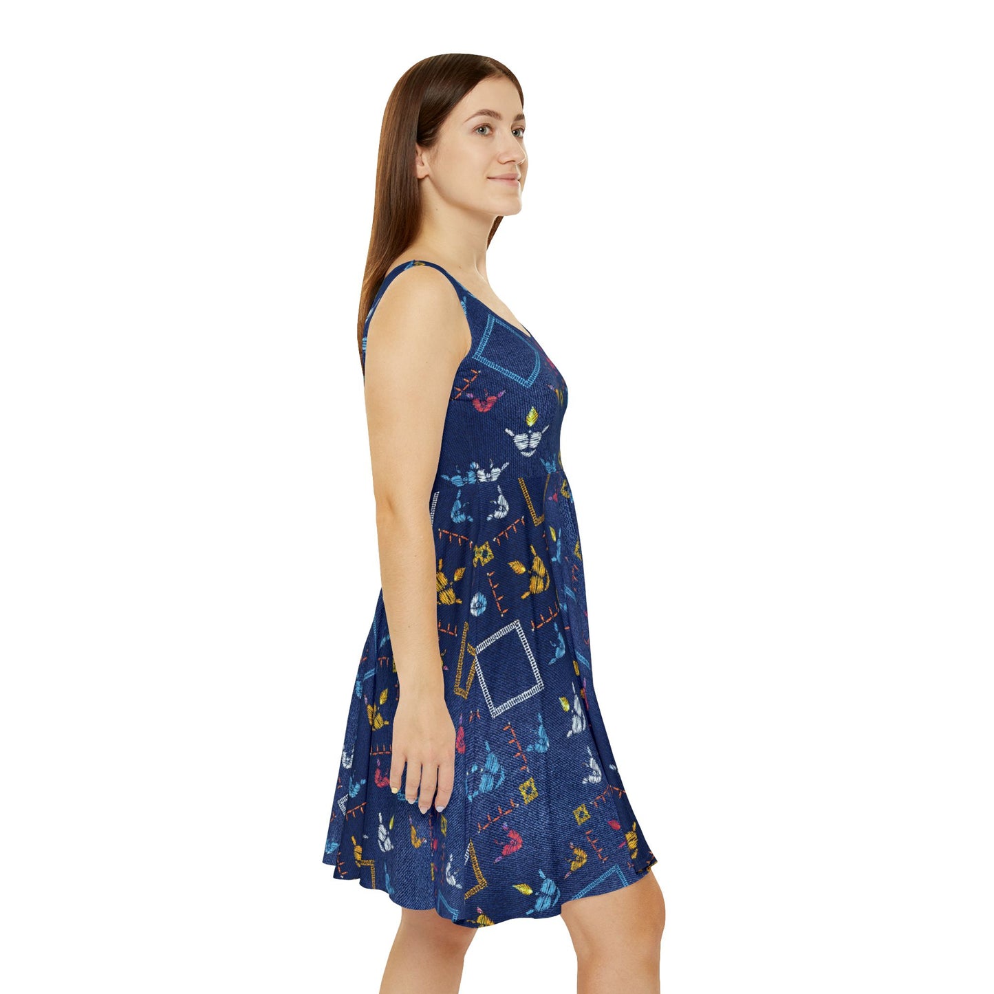 Women Denim Print Skater Dress, Denim Print Poly-Span Dress - 44