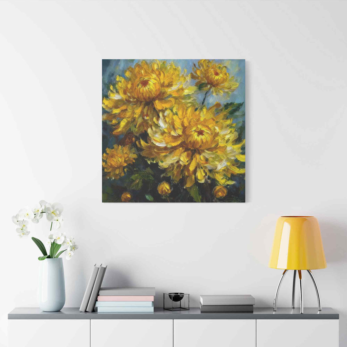 Chrysanthemums Print Canvas, Floral Oil Paint Print 20x20, 24x24, 30x30, 32x32, 36x36 Art Design Pine-Wood Inner Frame MC-163