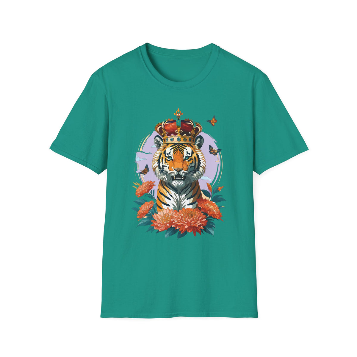 Tiger with Crown T-Shirt | Regal Tiger Artwork, Floral Accents - Unisex 100 Cotton Gildan 64000