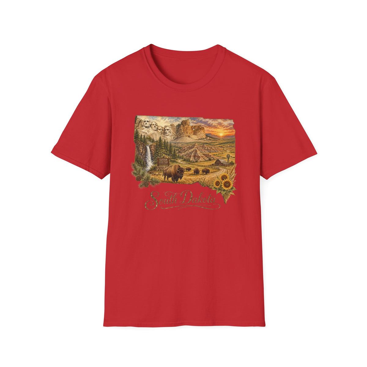 South Dakota Scenic T-Shirt — State Landscape Sunset Travel Tourist Graphic Design Unisex 100 Cotton Gildan T-Shirt