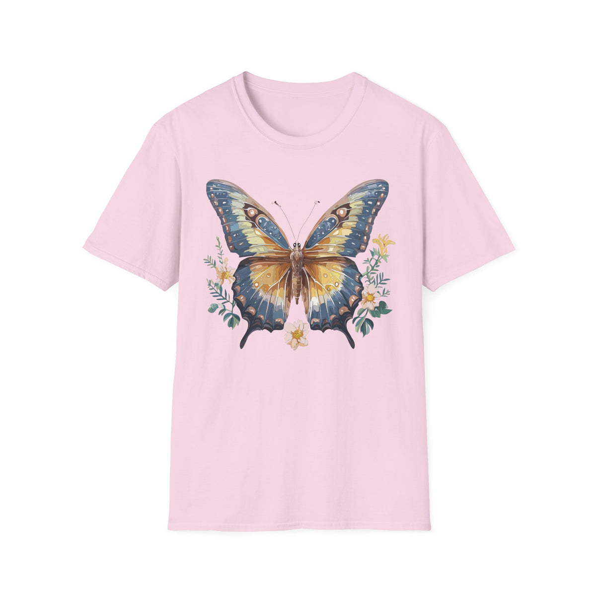 Golden Blue Butterfly T-Shirt | Botanical Accent Graphic Tee Unisex 100 Cotton Gildan T-Shirt
