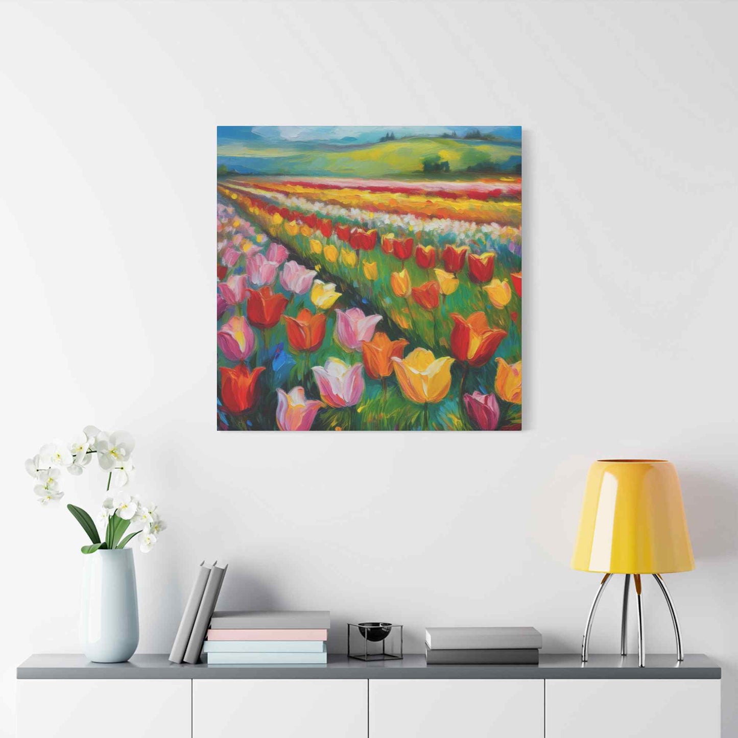 Tulips Fields Print Canvas, Floral Oil Paint Print 20x20, 24x24, 30x30, 32x32, 36x36 Art Design Pine-Wood Inner Frame MC-147