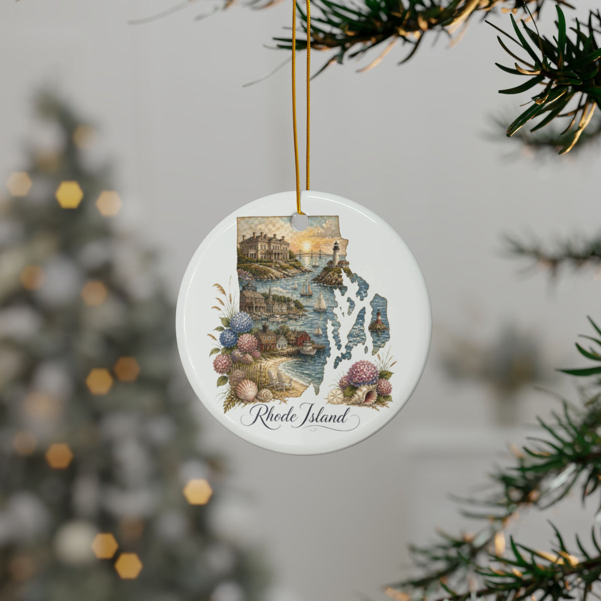 Rhode Island Scenic Map Ceramic Ornament | Coastal Shells Two-Sided - 2.99" Includes Gold String