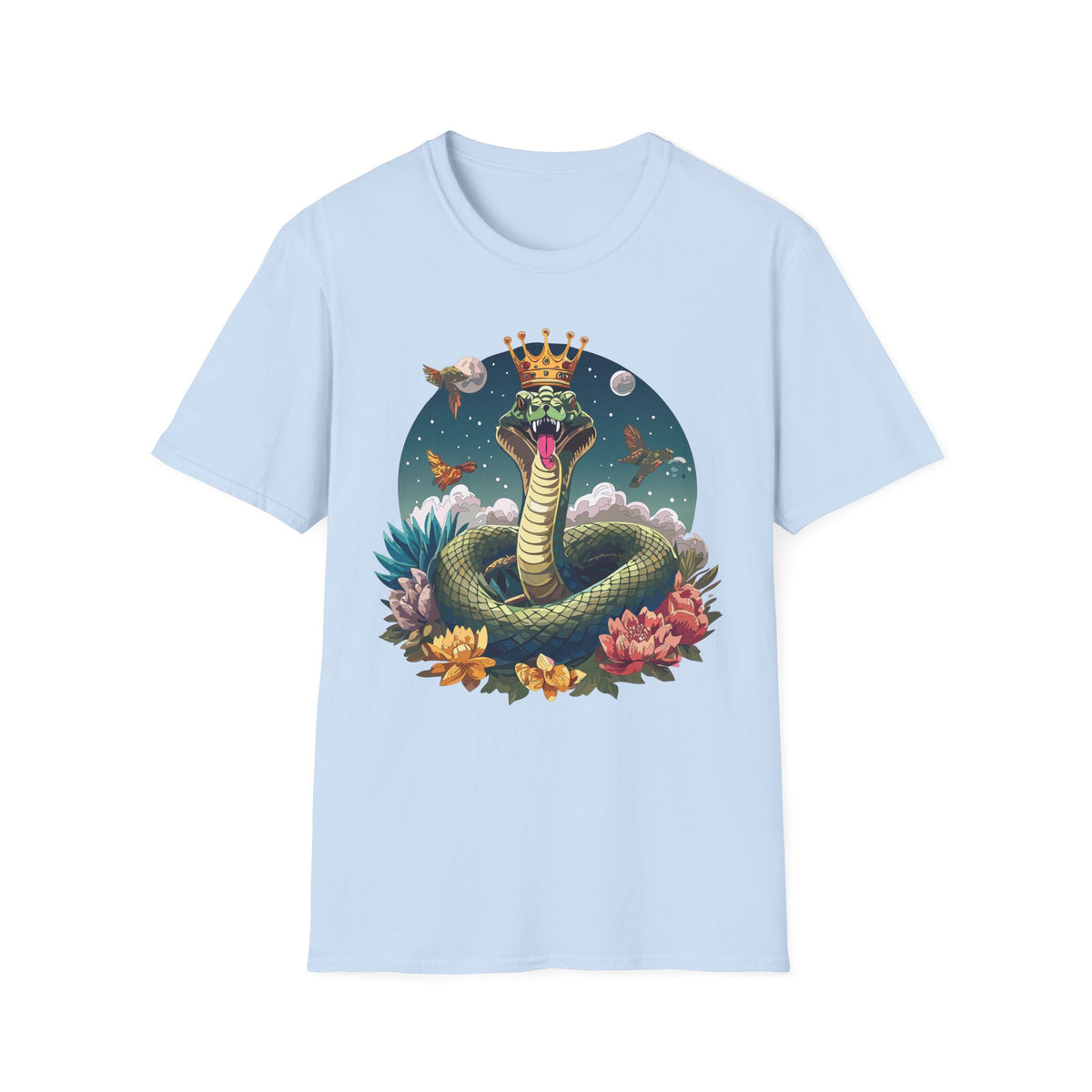 Crowned Snake Illustration T-Shirt | Regal Serpent, Floral Night Scene