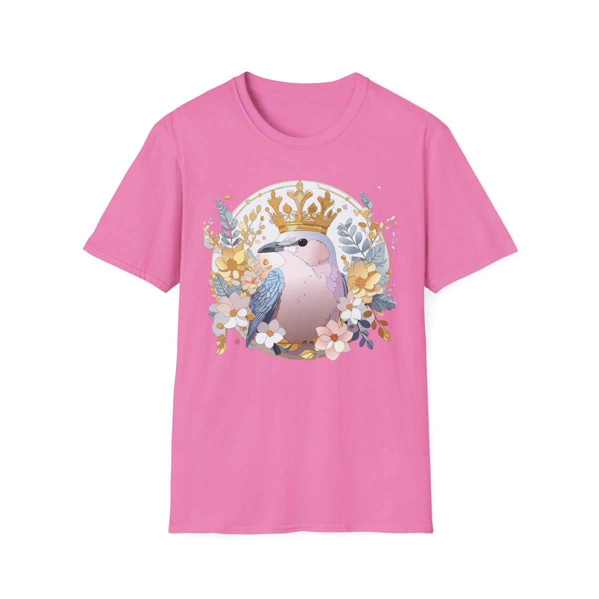 Crowned Pink Kookaburra T-Shirt | Floral Bird Illustration