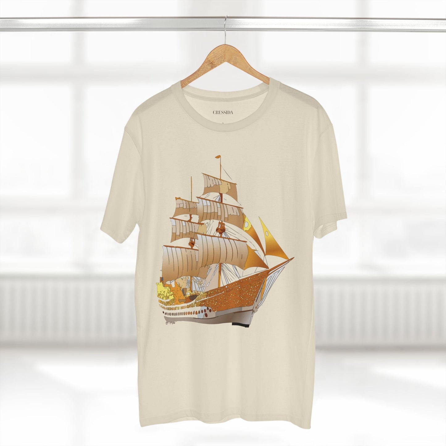 Ship Graphic Unisex 100 Cotton T-Shirt with Gold Frigate Art Design 24
