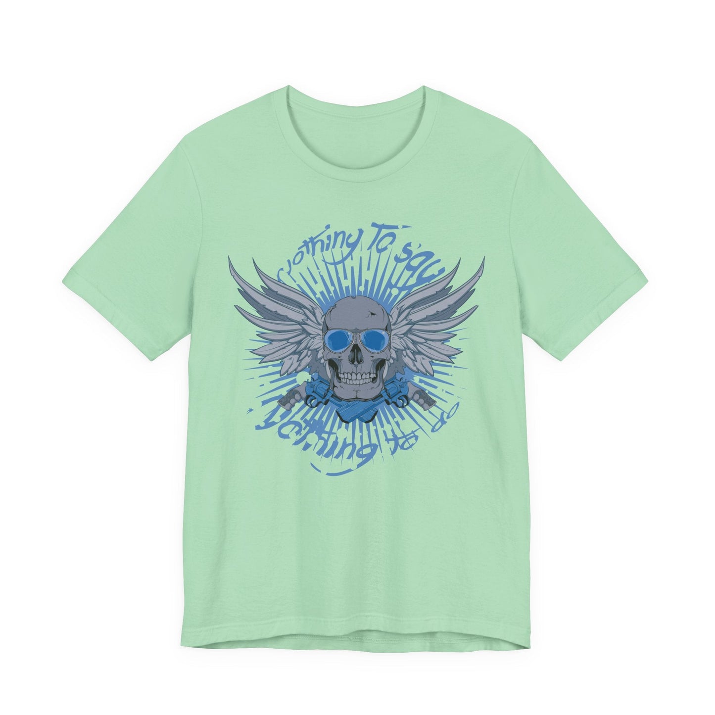 Winged Skull Graphic Tee | Blue Skull with Wings, Radiant Burst
