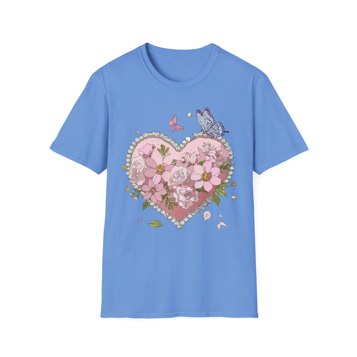 Floral Heart with Butterflies T-Shirt | Pink Flower Heart Graphic Tee Unisex 100 Cotton Gildan T-Shirt
