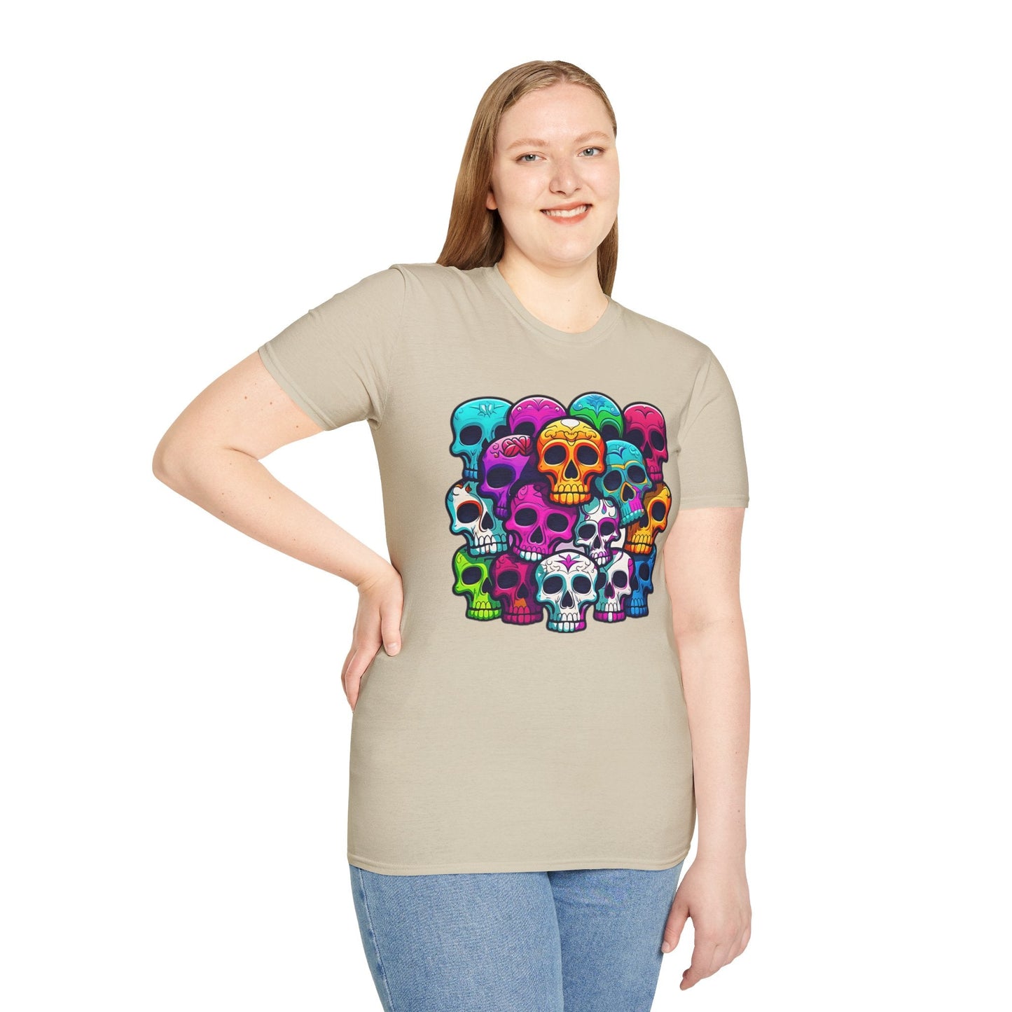 Unisex Skull Tee Shirt With Skeleton Design Gildan Softstyle 64000 100 Percent Ring Spun Cotton