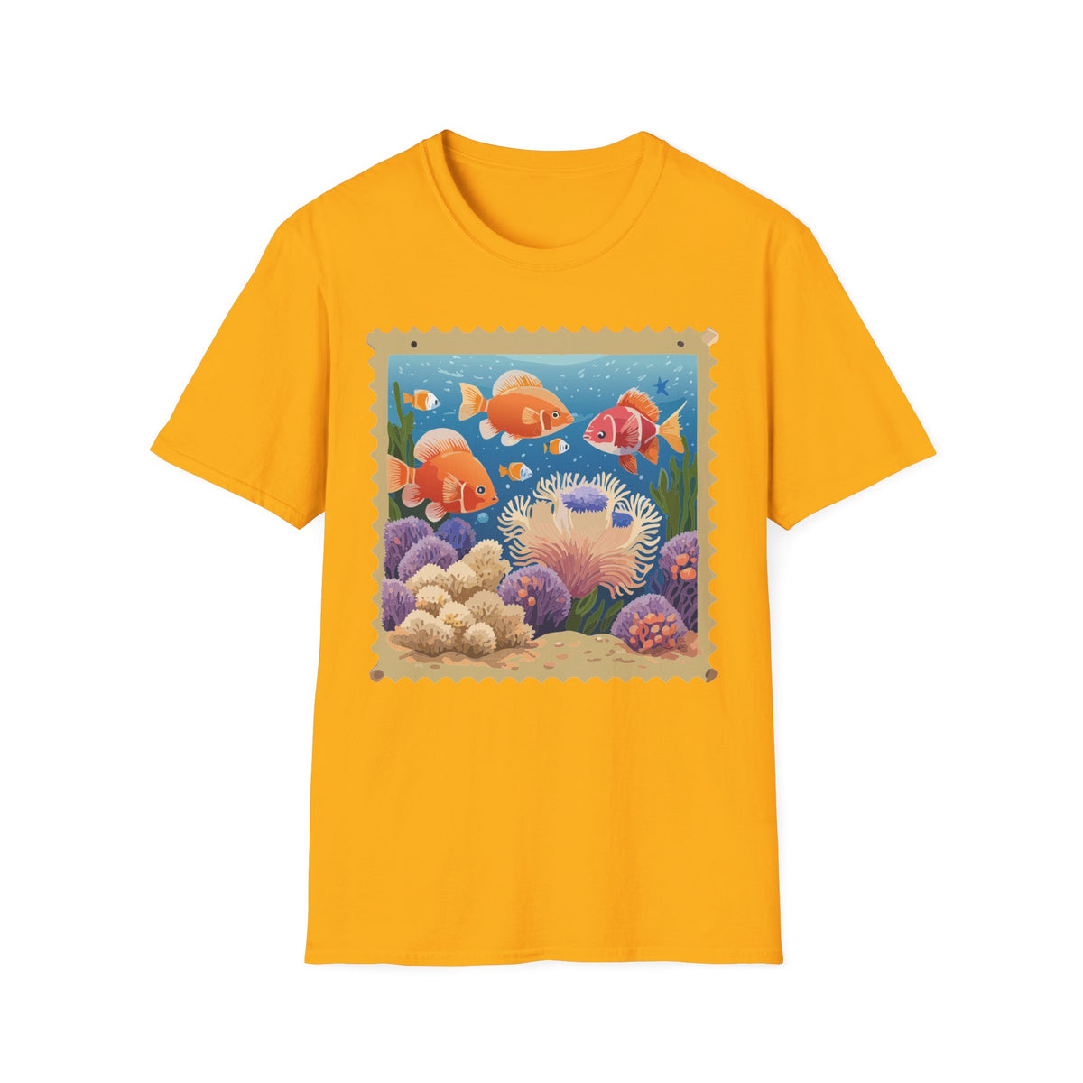 Goldfish Aquarium Illustration T-Shirt | Underwater Coral Reef Stamp Graphic Tee Unisex 100 Cotton Gildan T-Shirt