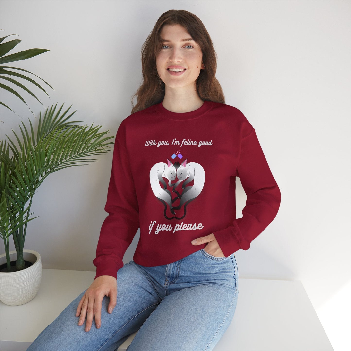 Double Cat Heart Sweatshirt Unisex Fifty Fifty Cotton Poly Valentines Day Sweatshirt